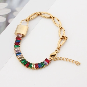 Gold lock charm bracelet with multi-colored rectangular crystals and adjustable chain