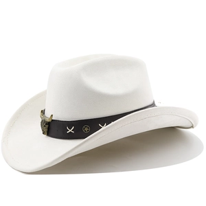 Detail of white suede cowboy hat featuring a black leather band with bull head metal rivets
