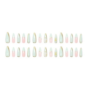 Faux ongles amande verts et roses avec motifs floraux 3D et décorations en perles