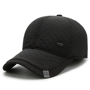 Men's winter baseball cap with quilted diamond pattern and ear protection in black