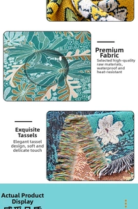 Detail of floral jacquard fabric with waterproof finish, heat resistance, and fringe edges