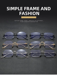 Close-up of rimless square and round metal glasses frames in silver, gold, and black