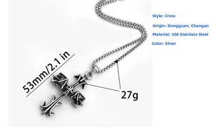Gothic skull cross pendant in stainless steel with bat wings on a box chain