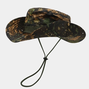 Detail of camouflage outdoor sun hat featuring metal side buckles and adjustable wind cord