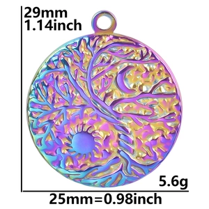 Rainbow plated stainless steel tree of life pendant showing 29mm height dimensions