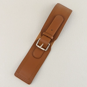 Detail of brown wide elastic waist belt with silver square metal buckle and leather ends