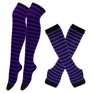 Halloween purple and black striped over-knee socks and arm warmer set for cosplay outfits