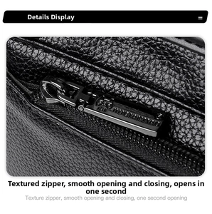 Macro shot of durable gunmetal zipper on premium black lychee texture leather bag