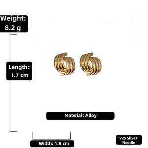Detail view of gold geometric spiral earrings showing size 1.7x1.5cm and 925 silver needle