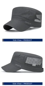 Detail of dark grey quick-dry cadet cap with mesh panels and SPORTS text on side