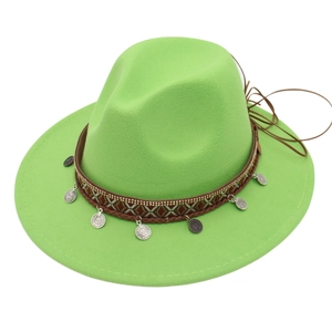 Detail of neon green wide brim fedora with bohemian woven band and silver coin charms