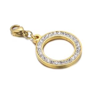 Pendentif rond en acier inoxydable doré avec strass scintillants et fermoir mousqueton