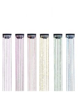 Detailed view of 50cm colorful holographic hair tinsel extensions with black clips