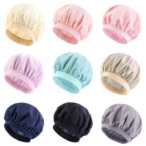 Detailed grid showing nine available colors of elastic waterproof satin shower caps