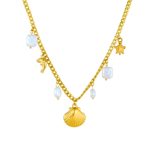 Gold-plated ocean series necklace featuring shell, dolphin, turtle and pearl charms