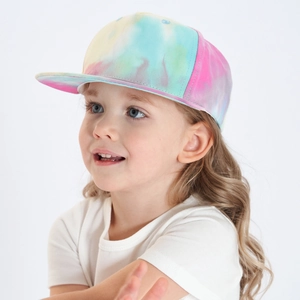 Detailed view of tie-dye rainbow colors on a kids flat brim hip hop baseball cap