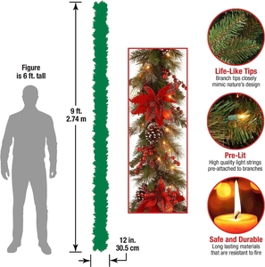 9ft pre-lit Christmas garland with red flowers, green foliage, and flame-retardant needles