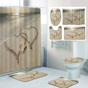 Waterproof beach themed bathroom set with romantic heart sand print and soft floral bath mats