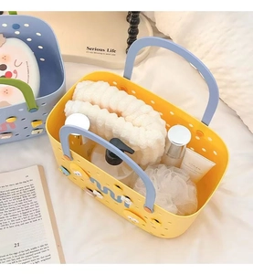 Top view of a yellow plastic bathroom caddy with blue handles for toiletries and towels