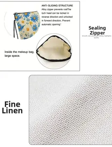 Detail of floral makeup bag featuring alloy zipper and textured fine linen fabric