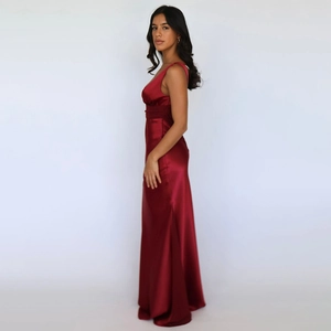Elegant red satin floor-length evening dress with V-neck and open back design