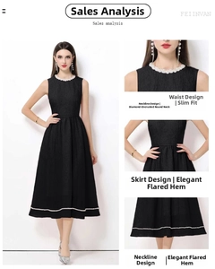 Dettagli dello scollo con perline e vita avvitata su un abito nero vintage senza maniche