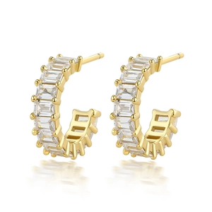 925 silver C-shaped gold earrings with rectangular zircon on a white background