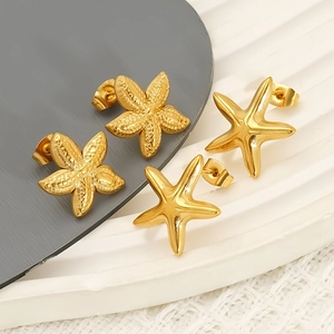 Golden starfish stud earrings in matte texture and polished mirror finish for women