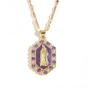 Virgin Mary hexagon necklace with purple enamel and 18K gold plated steel chain
