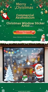 Detail of UV printed Christmas window clings featuring Santa, snowmen and festive trees