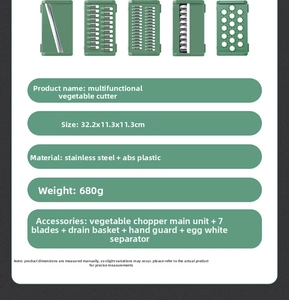 Detailed specs of green 13-in-1 vegetable chopper with stainless steel blades and basket
