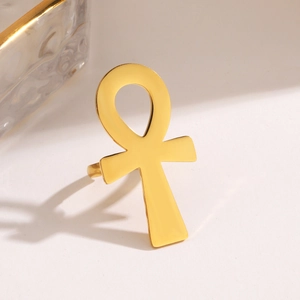 Polished gold Ankh cross ring in stainless steel with an adjustable open design