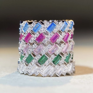 S925 silver wide band ring with colorful emerald cut carbon diamonds and small zircons