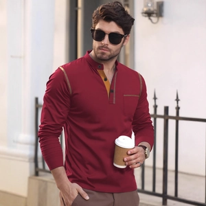 Men's long sleeve wine red polo shirt with mustard contrast placket in street style