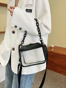 Transparent PVC crossbody bag with black leather trim and chunky chain strap for women