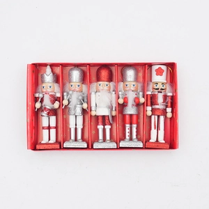 Set of five 12cm glitter wooden nutcracker soldier ornaments in a red gift box