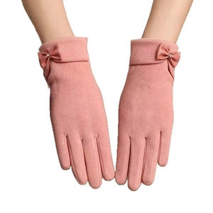 Pink bow-tie touchscreen winter gloves for women with cozy fleece lining for outdoor use