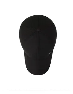 Top down view of black quilted baseball cap with diamond stitching and ear protection