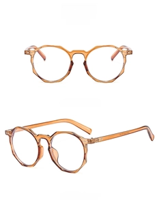 Detail view of transparent brown polygonal glasses frames with anti-blue light lenses