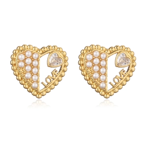 Elegant 18K gold plated heart stud earrings with pearls, zircons and LOVE lettering