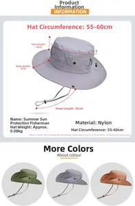Detailed size chart for sun hat with 8cm wide brim and adjustable wind rope features