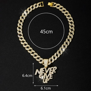 Hip hop style gold alloy Cuban link chain with iced out NEVER GIVE UP letter pendant