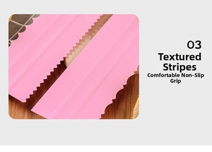 Detail of pink cake scraper with wavy serrated edges for textured cream frosting designs