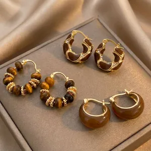 Retro Tiger Eye Hoop Earrings Gold Plated Brown Gemstone Drop Stud Jewelry For Women Luxury Autumn Winter Style Accessory