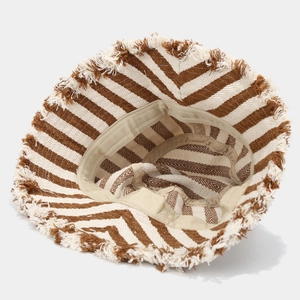 Striped sun bucket hat in brown and beige with trendy frayed edges and fringe detail