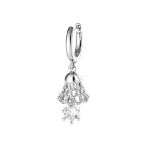 Silver bell pendant earring with hollow filigree design and sparkling clear crystal drop