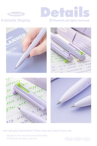 Close-up of lavender 0.5mm 3-color gel pen showing non-slip grip and multi-ink toggle