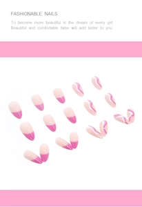 Detail of pink and nude almond press-on nails with elegant white wavy patterns