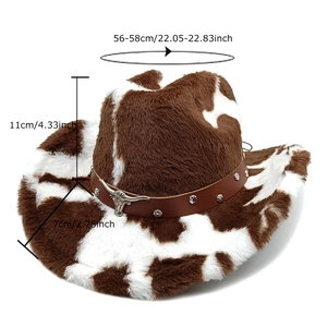 Cowboy hat with cow print, bull head metal ornament, and size dimensions 56-58cm