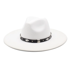 Classic white wool felt fedora with a 9.5cm wide brim and studded black leather band